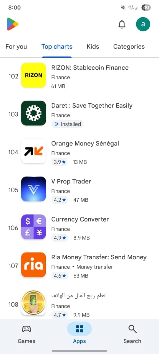 Daret dans le top Finance Android Play Store